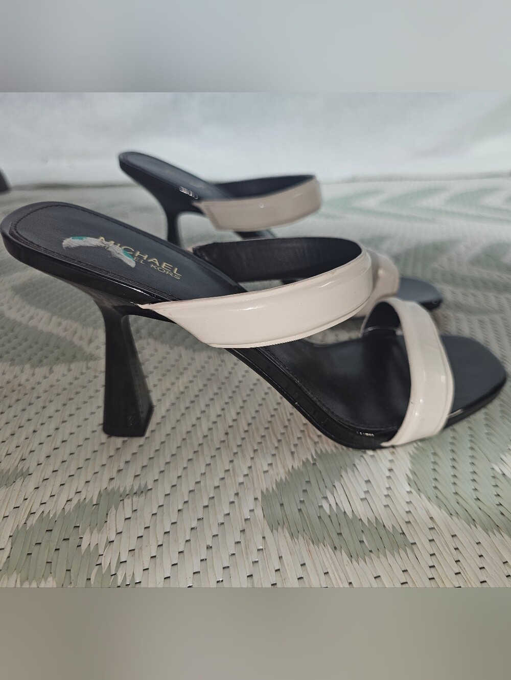 Michael Kors Black and Cream Strappy Patent Leather Heeled Sandals